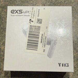 EXS Wireless Earbuds in White with wireless charging case. Language translation